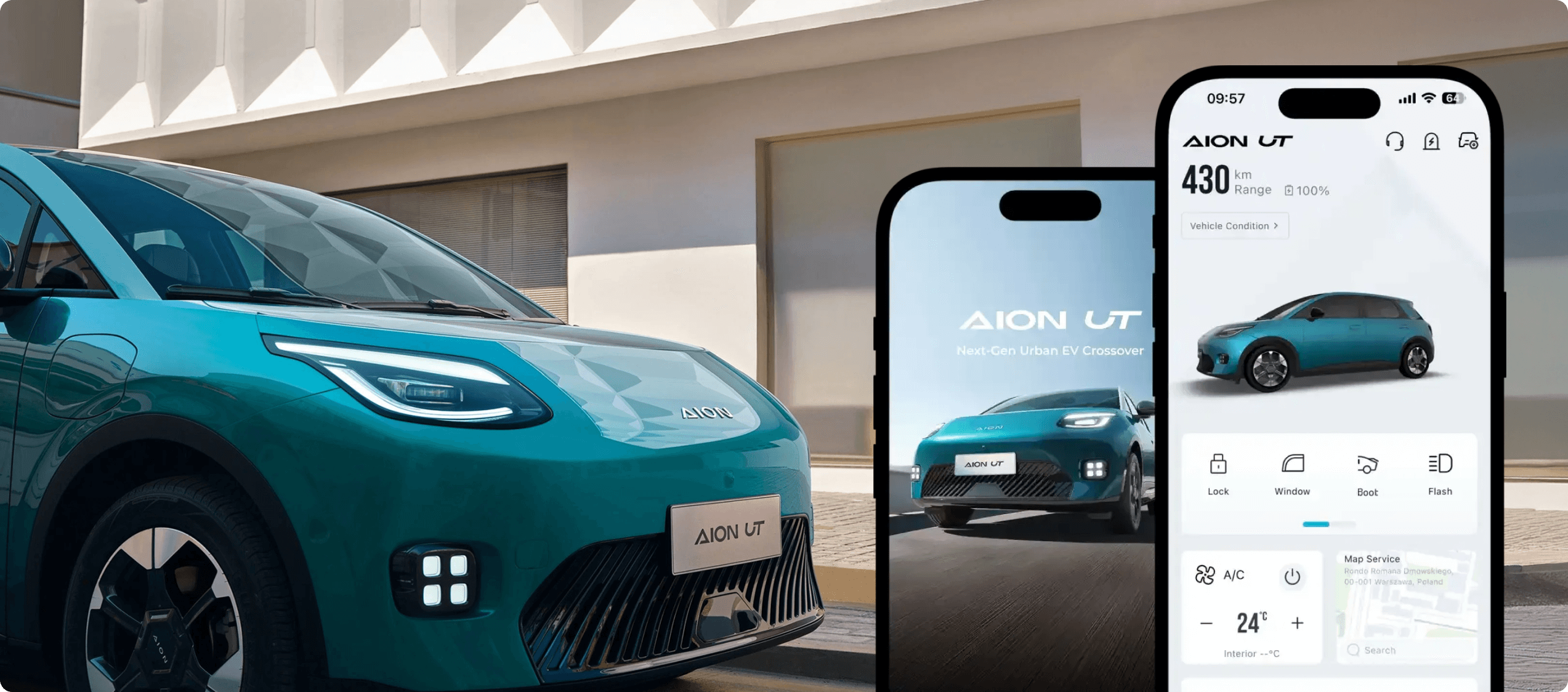 Turquoise car front with two smartphones displaying AION UT app interface.