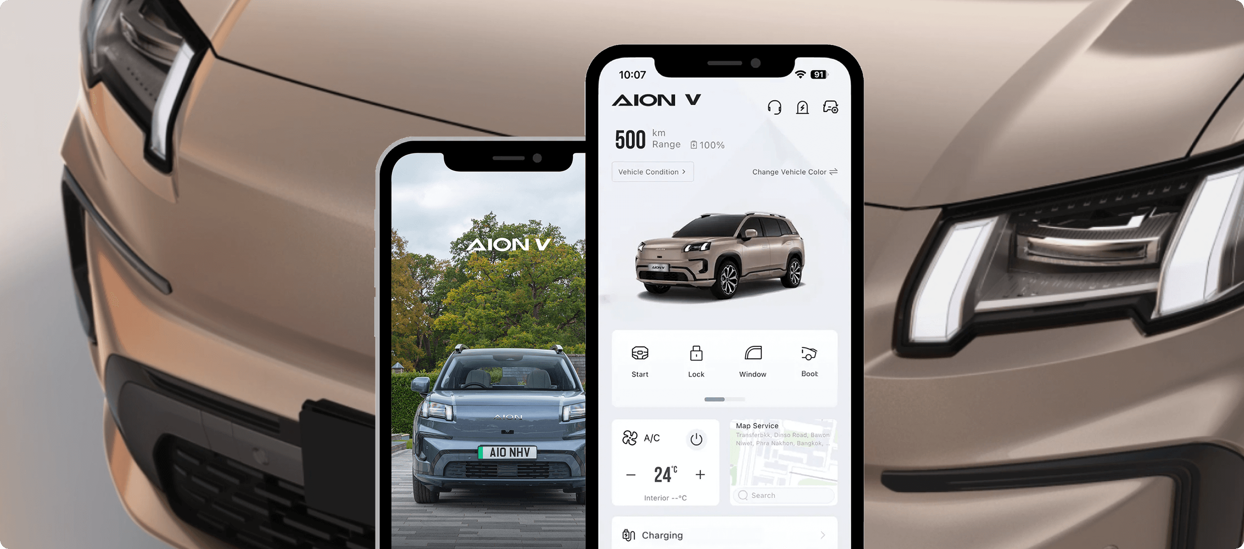 Close-up of car front with two phones displaying Aion V app and vehicle features.