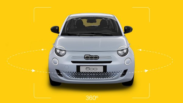 Front view of a white compact car with arrows indicating 360-degree rotation.