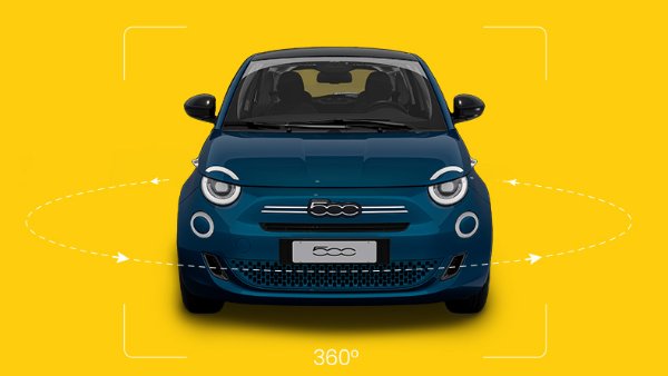 Blue compact car shown front-on with a 360-degree rotation indicator.