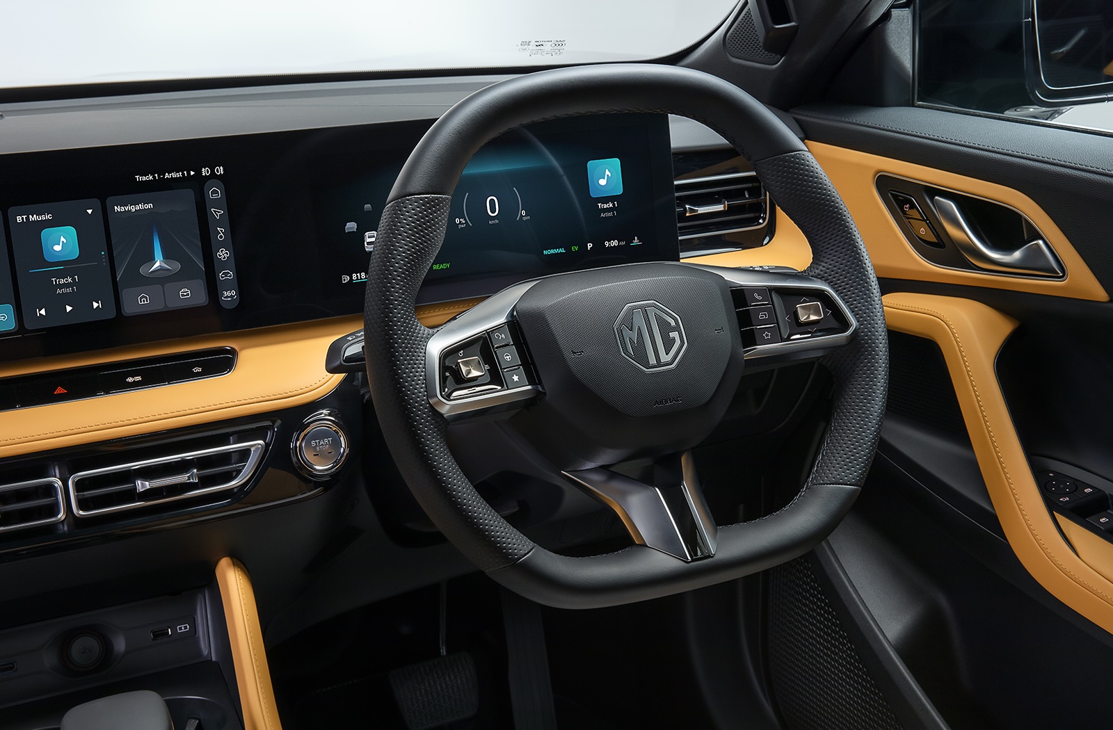 Steering wheel and dashboard display of a car interior.