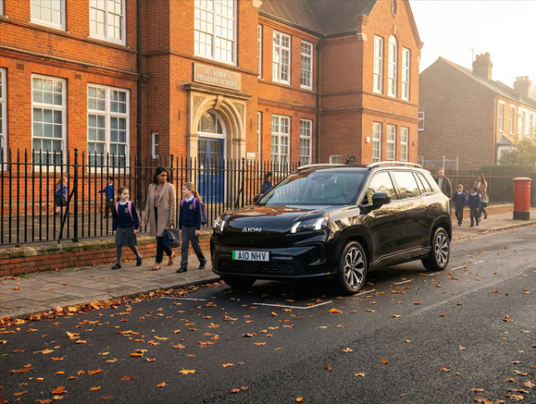 A black SUV parked outside a primary school with children walking on the pavement.